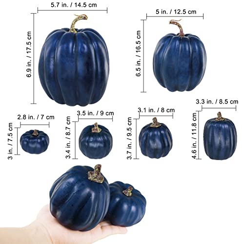 Image of Winlyn 7 Pcs Assorted Sizes Navy Blue Artificial Pumpkins Decorative Dark Blue Pumpkins Faux Foam Pumpkins for Gifts Fall Baby Shower Thanksgiving Halloween Table Centerpiece Shelf Mantel Decoration