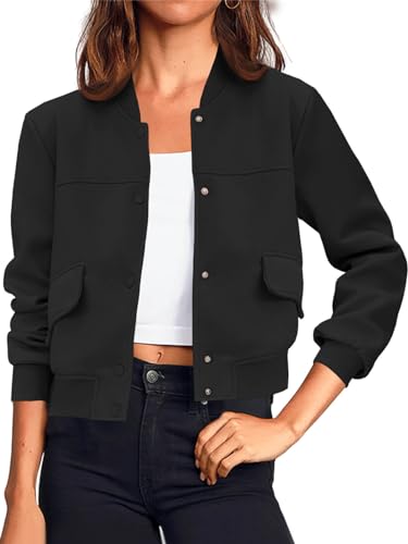 Image of Tankaneo Womens Cropped Bomber Jackets Casual Button Down Long Sleeve Stand Collar Varsity Shacket Coats