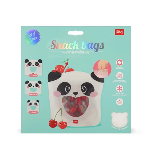 Legami - Set mit 3 Lebensmittelbeuteln, 3 verschiedene Größen S, M, L, wiederverschließbare Beutel, wiederverwendbar, spülmaschinenfest, praktische Snack-Taschen, Panda