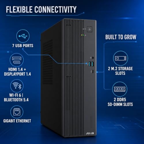 Image of ASUS V500SVC-I3 Slim Desktop Computer, Intel Core i3-1315U, 16GB DDR5 RAM, 1TB PCIe 4.0 NVMe SSD, Wi-Fi 6, Windows 11 Home, Keyboard and Mouse, Dark Gray