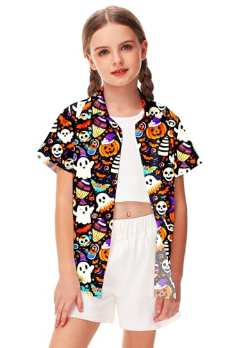 Image of Remimi Unisex Kids Halloween Shirt Boys Pumpkin Ghost Shirts Hawaii Button Up Tops 5-14 Years