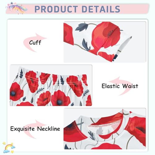 SPRIPORT Red Flowers Poppies White Soft Comfy Pajama Set Sleepwear 2 Piece Pjs Set Cotton Long Sleeve Top and Pants4