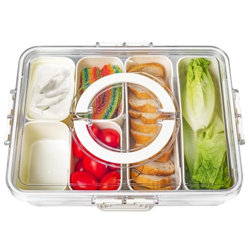 Image of Divided Fridge Storage Boxes With Serving Veggie Tray with Lid and Handle, Fridge Organizer with Removable Compartment, Fridge Storage Containers (6 Compartment-)