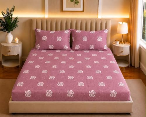 Image of Castiqa Elastic Fitted Supersoft Premium Polycotton 200TC King Size Bedsheets with 2 Pillow Covers | No Slip Bedsheet | (Pink Petals, King (72x78 Upto 10 inch Mattress))
