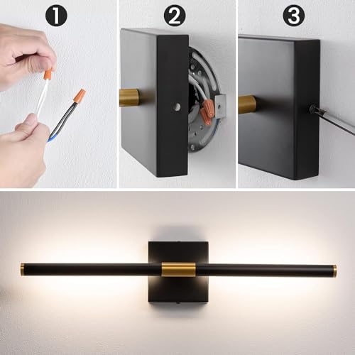 Image of 24 inch Morden LED Bathroom Vanity Light Fixtures, Black and Gold Bathroom Vanity Light Bar Over Mirror, Wall Sconces Lighting 4000K, Sconces Wall Lighting with Adjustable Lamp Tube