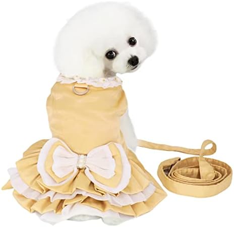 Albrost Dog Dress Harness Vest with Matching Leash, Golden Bow-Knot Puppy Dresses D Ring, Cute Leash Set, Princess Multi-Layer Pleated Skirt Pet for Small Cat (Large), Golden,Gold,White
