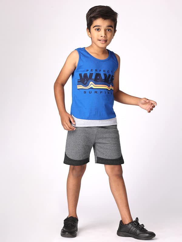 Image of TotzTouch Kids Dress For Boys T shirt | Shorts Set Summer Dress Cotton Sleeveless Tee Shirt Half Pants Clothing Set (Colors Blue, Red, Green Tops & Navy, Black, Grey Shorts) Age 1 years to 15 years