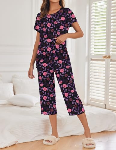 Image of Ekouaer 2 Pack Womens Pajamas Sets Short Sleeve Tops and Capri Pants Pjs Colorful Printed Sleepwear Sets