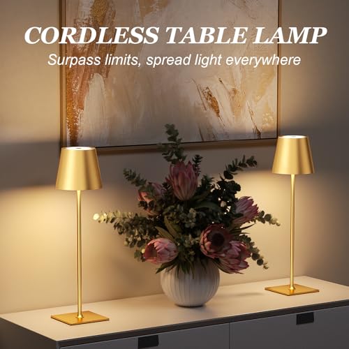 Image of Kakanuo Gold Cordless Rechargeable Table Lamp 5000mAh Battery Operated Lamps, 3 Colors Stepless Dimming Touch Lamp for Living Room, Kitchen Counter, Dining, Outdoor Patio, 2 Pack