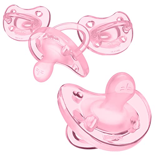 Image of Chicco PhysioForma 100% Soft Silicone One Piece Pacifier for Babies Aged 0-6 Months | Orthodontic Nipple Supports Breathing | BPA & Latex Free | Reusable Sterilizing Case | Light Pink, 4pk