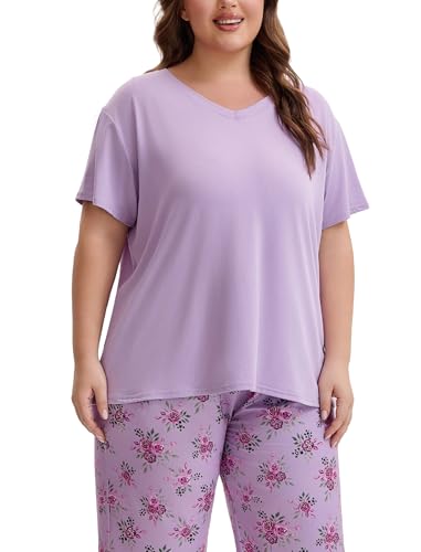 Image of Plus Size Pajamas for Women Set, Womens Plus Size Short Sleeve V Neck Capri Pants Pajama Sets with Pockets