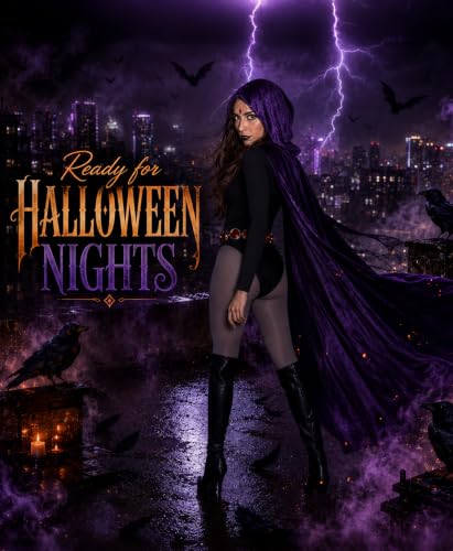 Image of Raven Costume for Women, 6 Pcs Raven Cosplay Costume Set with Purple Hooded Cloak Bodysuit Gray Tights Halloween Party Outfit