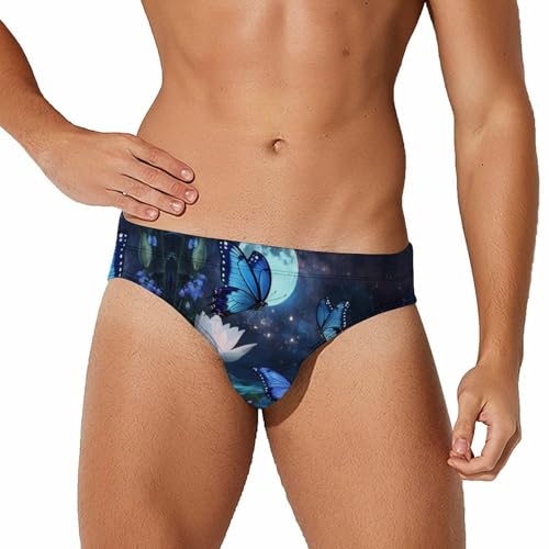 Blue Butterflies Moon Printed Swim Briefs for Men Sexy Bikini Swimwear Elastic Beach Trunks Bathing Suit