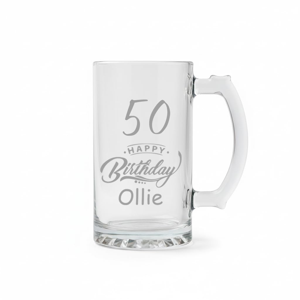 ukgiftstoreonline Personalised Engraved Tankard Beer Mug with Thumb Handle, 510ml, Glass, Happy Birthday Gift Boxed (50th Birthday Beer Glass Gift)