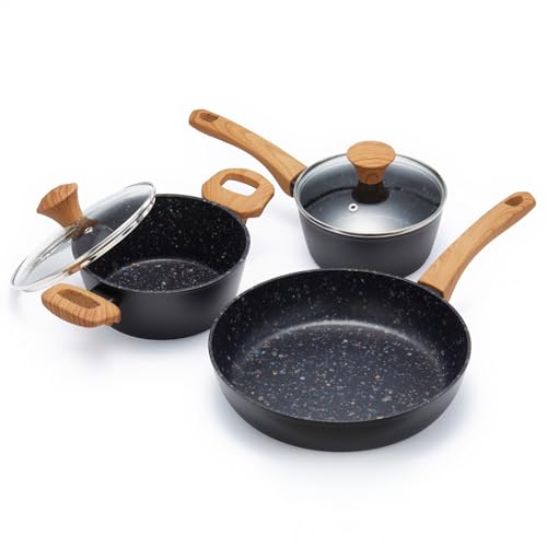 Image of 3-Piece Nonstick Cookware Set,10.25 Inch Frying Pan + 1.43QT & 2.2QT Saucepots with Lids, PFAS PFOA Free Non-Toxic Coating, Heavy Bottom Even Heat, Induction Compatible, Dishwasher Safe - Black