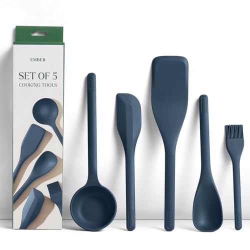 Image of Ember Cookware Silicone Kitchen Tool Set of 5 - Ladle, Brush, Flip, Stir & Scraper | Platinum Grade Food Safe | Heat Resistant Up to 230C | Seamless Unibody Design | Blue