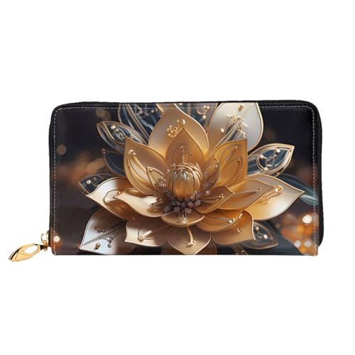 Leather Women Wallets, Long Credit Card Holder, White delicate lotus flower Print Billfold Clutch & Travel Purse Large Capacity