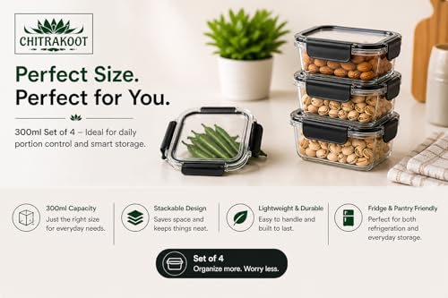 Image of PET Transparent Storage Containers Set of 4 (300 ml) | Airtight Small Kitchen Boxes for Spices, Snacks, Dry Fruits | Stackable, Freezer & Dishwasher Safe | Black set