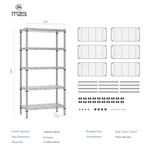 Image of M MZG 1250 lbs 5 Tier Shelf Metal Storage Shelves Shelving Wire Rack Heavy Duty Closet Organizers for Garage Kitchen Bathroom Laundry Chrome 13.8 inch D x 29.5 inch W x 59.5 inch H
