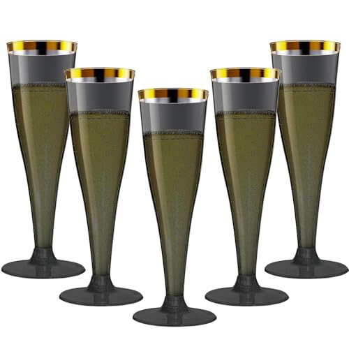 Torchero 40 Pack Champagne Flutes Plastic Wine Glasses Disposable 4.5 Oz Black Gold Rim Mimosa Glasses for 2026 Wedding Birthday Bar Soccer Football Party Supplies Bulk Toasting Cocktail Cups