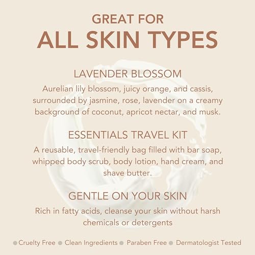 Image of Dionis Goat Milk Lavender Blossom Hand Cream, Body Lotion, Whipped Body Scrub, Shave Butter, Bar Soap 6 oz & Carrying Case 6-Piece Travel Set