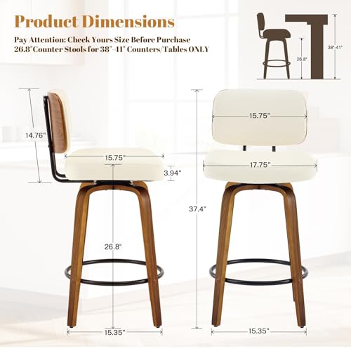 Image of Counter Height Bar Stools Set of 2, 26+inch Swivel Faux Leather Barstool with Back, Upholstered Mid-Century Modern Bar Chairs with Bent Wood Legs for Kitchen Counter, Dining Room, Cream White