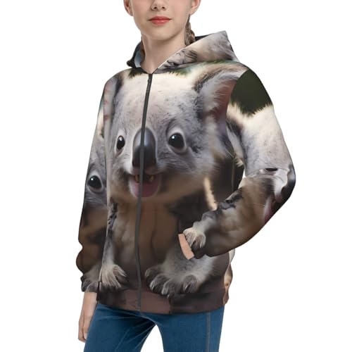 Cute Koala Print Girls Athletic Zip Up Hoodies,Sweatshirts with Pockets Long Sleeve Hooded Jackets, for 7-18 Y