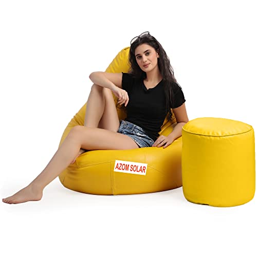Image of Bean Bag Chair with Footstool Filled with Beans Filler, Faux Leather, Ready to Use, XXXL (Yellow)