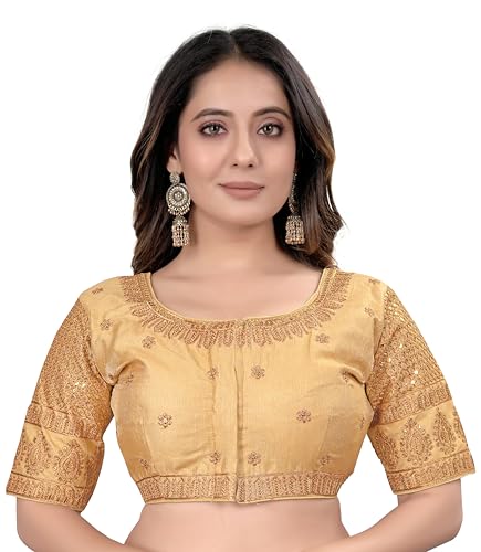 Pujia Mills Women's Art Silk Embroidery Blouse - Half Sleeve Readymade Saree Blouse With Sequence Work