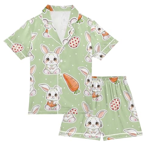 ALAZA Cute Rabbit Strawberry Polka Dot Pajamas Satin Pajama Set Short Sleeve Button Down Sleepwear