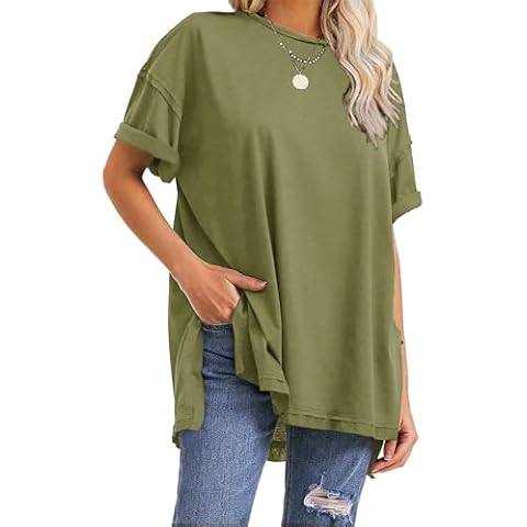 Anbech Womens Oversized Tshirts Half Sleeve Tees Side Split Tunic Tops Loose Fit (Olive Green, L) Cover