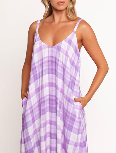 Image of LASPIA Spaghetti Strap Dresses for Women Plaid V Neck Maxi Sundress Beach Long Dress with Pockets
