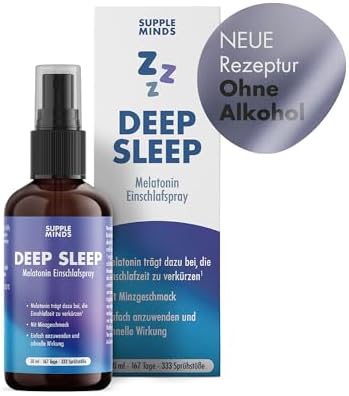 SUPPLEMINDS Deep Sleep Spray – Extra starkes Melatonin Einschlafspray hochdosiert mit 0,5mg Melatonin pro Sprühstoß, Schlafspray mit Minzgeschmack, ohne Alkohol, vegan + zuckerfrei, 50ml