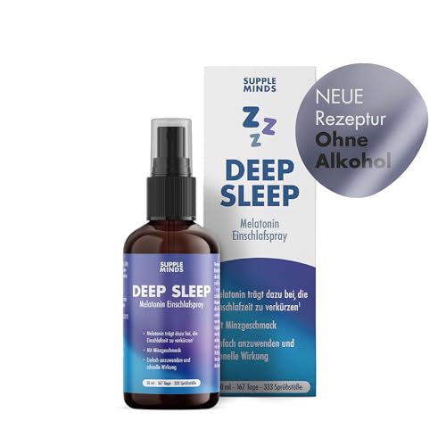 SUPPLEMINDS Deep Sleep Spray – Extra starkes Melatonin Einschlafspray hochdosiert mit 0,5mg Melatonin pro Sprühstoß, Schlafspray mit Minzgeschmack, ohne Alkohol, vegan + zuckerfrei, 50ml