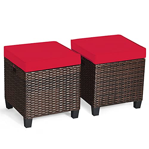 HAPPYGRILL 2-Pieces Patio Ottoman Set Outdoor Rattan Wicker Ottoman Seat with Removable Cushions Patio Furniture Footstool Footrest Seat