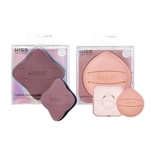 KISS NEW YORK 2 Pcs Fingerblend Cloud Makeup Sponge Set with Vented Case, Blender Sponge Powder Puff, Wet & Dry Multi Use for Liquid & Cream Foundation, Latex-Free, Soft & Lightweight Teardrop Shape