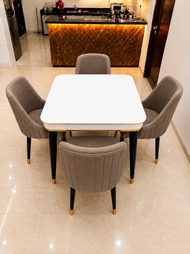 Image of WOODEN SPACE 4 Seater Wooden Dining Table Set | Urban Marble Top Dining Table with Chairs for Dining Room & Kitchen (Modern Infinity Backline Brown) (42 x 42 x 30 inch)