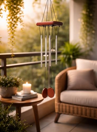 Image of Decorative Wind Chime for Home | Wooden House with Bells Colourful Beads | Positive Energy Balcony Living Room Hall Garden Home Decor (Wind Chimes with 4 Tubes)