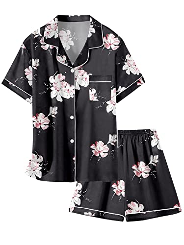 Image of Schbbbta Girls Womens Pajamas, Satin Silky Pjs Set Kids 2Pcs Button-Down Nightwear Sleepwear Gift for Mommy and me