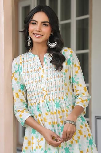 Image of Janasya White Pure Cotton Kurta & Pant Set for Women Abstract Print Ethnic Wear