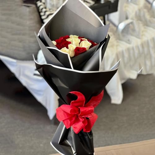 Image of Zarwani - 10 Sheets Korean Style Waterproof Black Bouquet Wrapping Paper (58cm x 58cm, 60 Microns) | White Border Design, Giftwrap for Flowers & DIY Gift Wrapping Paper (10, White Border Black)