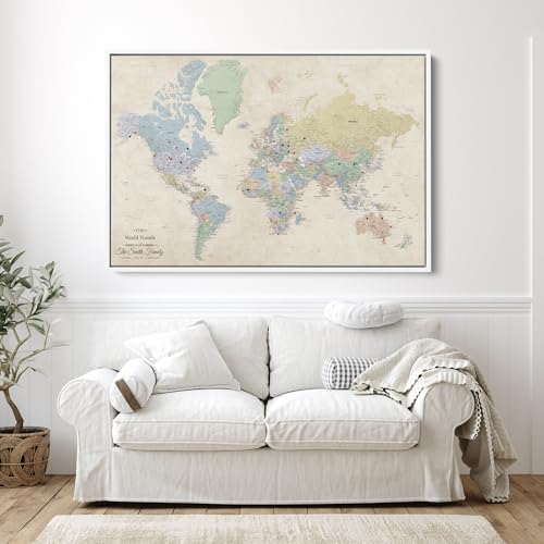 Image of Push Pin Travel Maps Sandy Dreams World Pin Board - Personalized Canvas Travel Map with Pins, Adventure Wall Art Decor for Tracking Trips - White Float Mount Frame - 24 inch x 36 inch