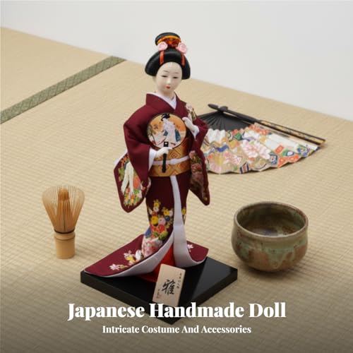 Truosbis Traditional Statue, Asian Kabuki Figurine Gift Collectible Ornament 12in Japanese Kimono Geisha Doll for Birthday Store Home, Dark Red - Thumbnail 7