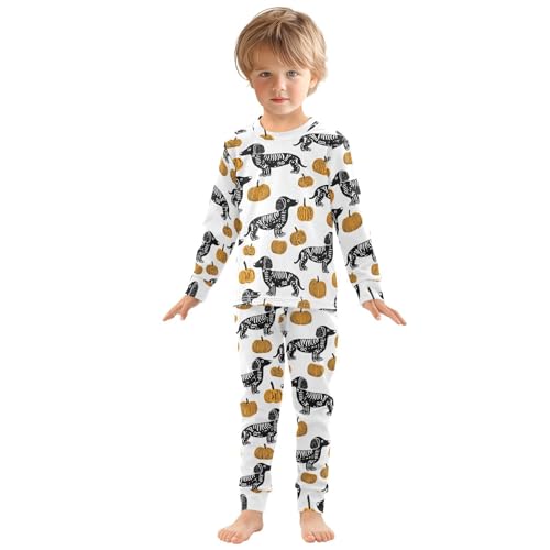 Fustylead Hand Draw Skeleton Dachshund and Pumpkin Cotton Pajamas Long Sleeve Sleepwear Lounge Set3