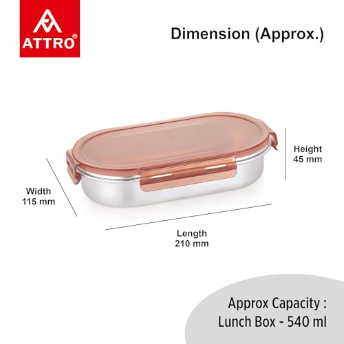 Image of Attro Steelox Oval Stainless Steel Container with Plastic Seal Lid BPA Free Food Grade Leak-Proof Ideal for School, Office & Outdoor Lunch Pack - 540ml Brown