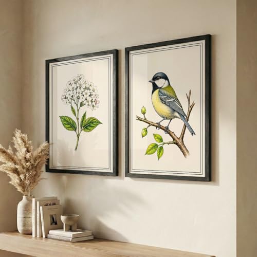 Image of NoWorries Botanical & Bird Wall Art Set of 2 Framed Wall Decor for Living Room Bedroom Office | Vintage Floral Bird Painting Wooden Frame Modern Home Decoration (Art-4, 21x31inch)