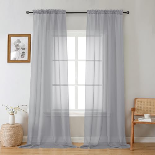 Gwine Light Grey Sheer Curtains 96 Inches Long 2 Panels for Living Room