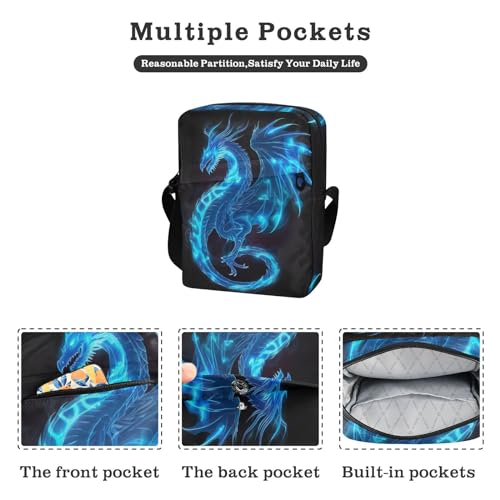 Crossbody Bag Blue Fire Flame Dragon Messenger Bag for Women Men Purse Shoulder Bag Satchel Bag with Adjustable Strap 214B52922