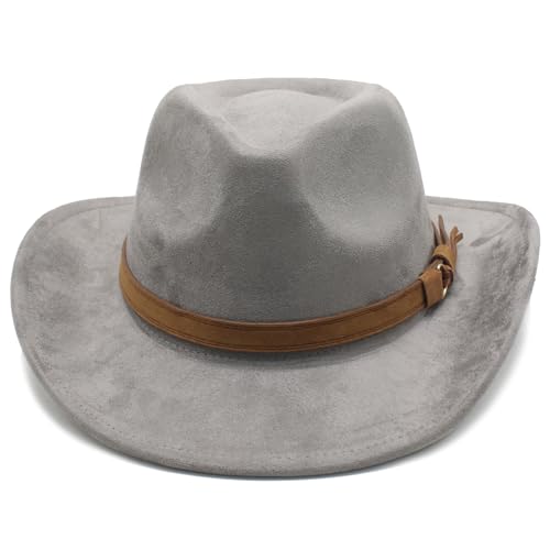 Image of Unisex Western Suede Cowboy Cowgirl Hat Classic Wide Brim Fedora Hat for Men &Women