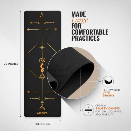Image of WiseLife Boho Alignment 8mm Yoga Mat with Strap | Non-Slip Thick Exercise Mat for Yoga, Pilates, Gym & Flexibility Training (Black)